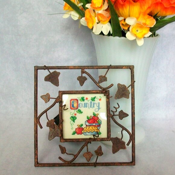 Country Apple Pie Cross Stitch Sampler Rustic Leaf Metal Easel Frame 6.25"x6.25" - Picture 2 of 5
